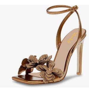 miss left Gold Rhinestones Stiletto Heel Sandals with Strap Buckle Flower Shoes